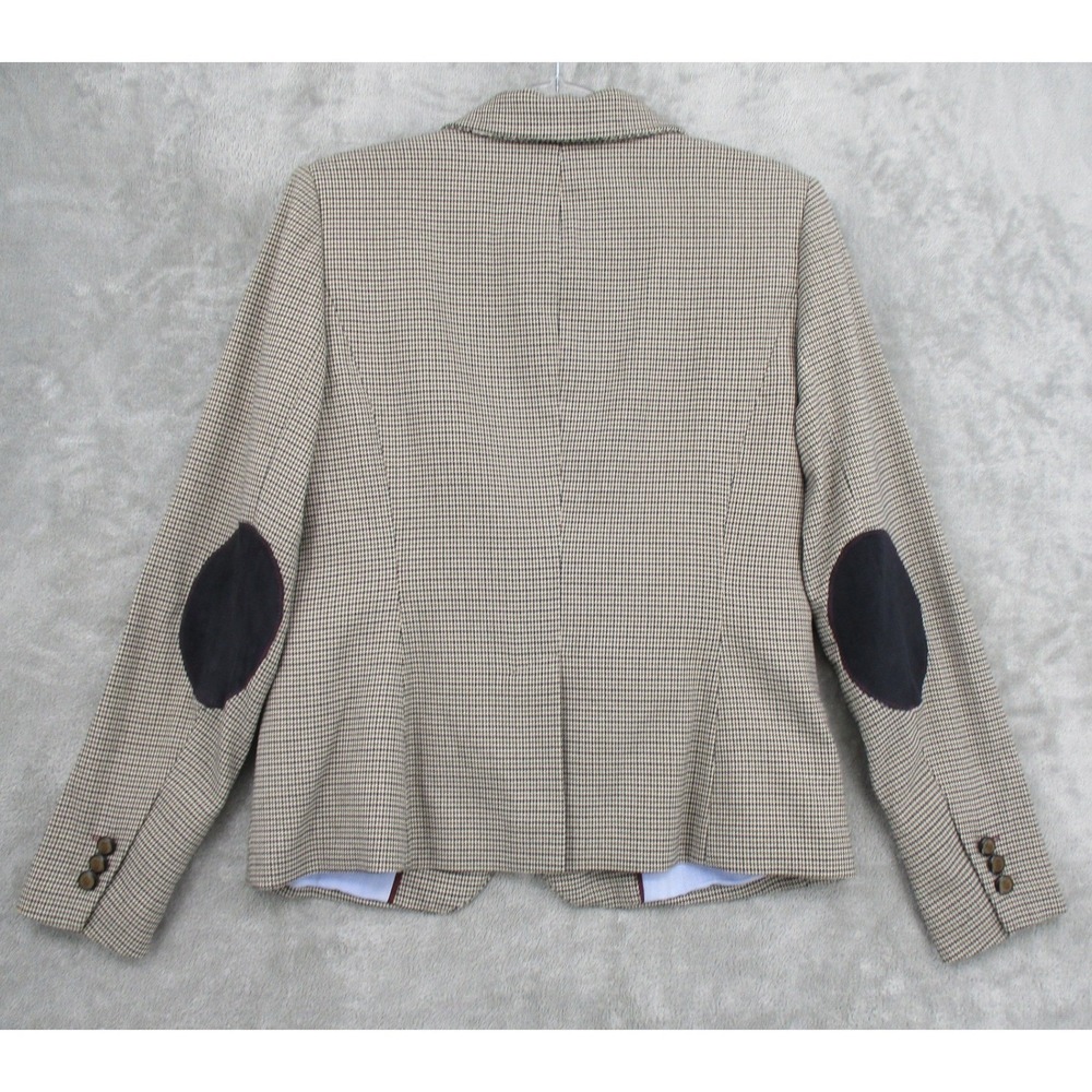 British Khaki Blazer Womens Medium Houndstooth Elbow Patch Academia Preppy Lined - Picture 2 of 10